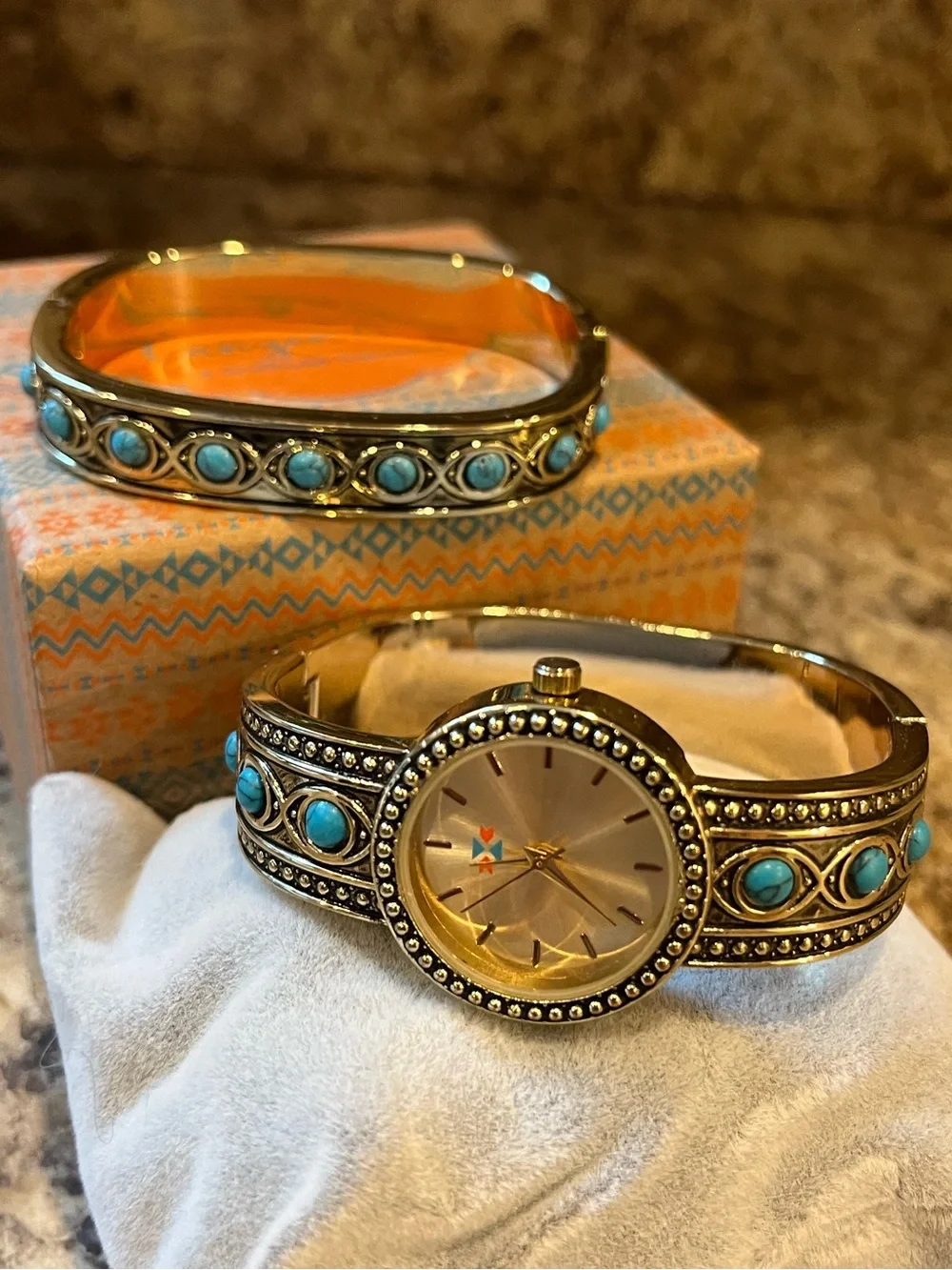 Canyon Sky Turquoise Accent Bangle Watch Set - Gold Tone